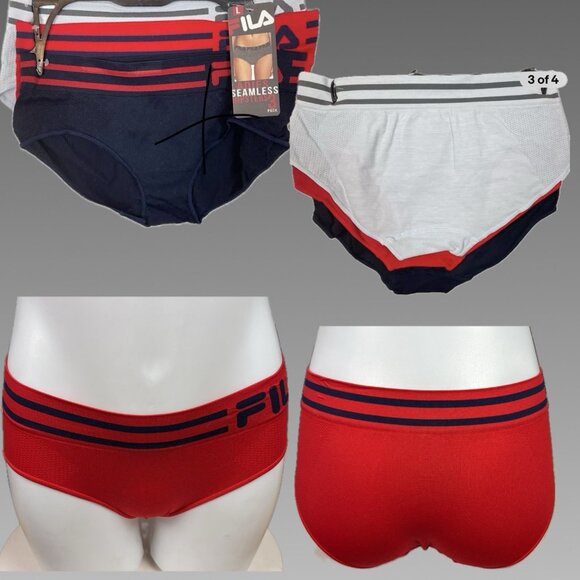 Fila L Red-Navy-Gray Striped Name Logo Waistband Seamless Hipster Panties-3-Pk - Picture 1 of 10